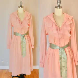 Vintage 1980s Victor Costa Pink Chiffon Dress / 80s retro sheer bishop sleeve  size XS S