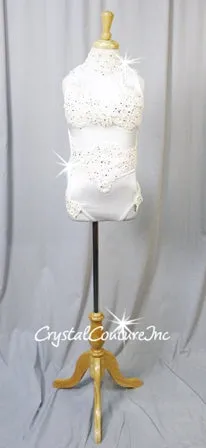 White Leotard with Ivory/White Lace Appliques and Lt Blue Bow - Swarovski Rhinestones