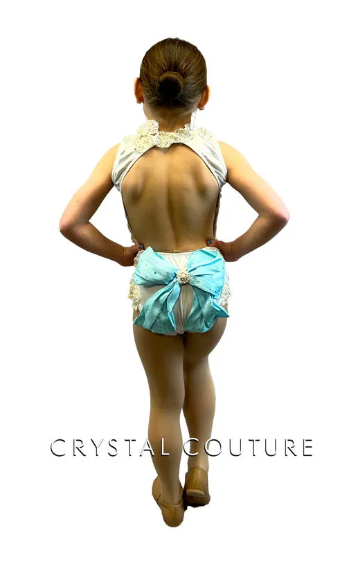 White Leotard with Ivory/White Lace Appliques and Lt Blue Bow - Swarovski Rhinestones