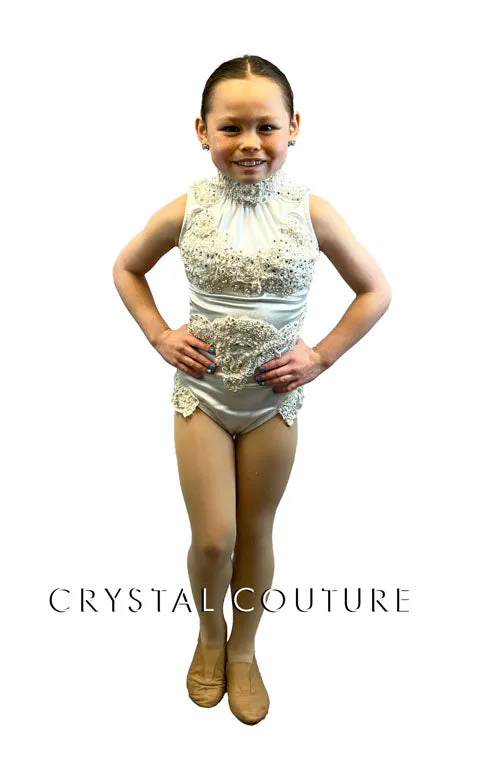White Leotard with Ivory/White Lace Appliques and Lt Blue Bow - Swarovski Rhinestones