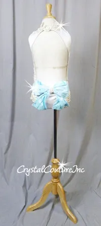 White Leotard with Ivory/White Lace Appliques and Lt Blue Bow - Swarovski Rhinestones