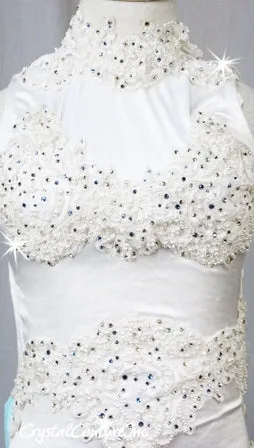 White Leotard with Ivory/White Lace Appliques and Lt Blue Bow - Swarovski Rhinestones