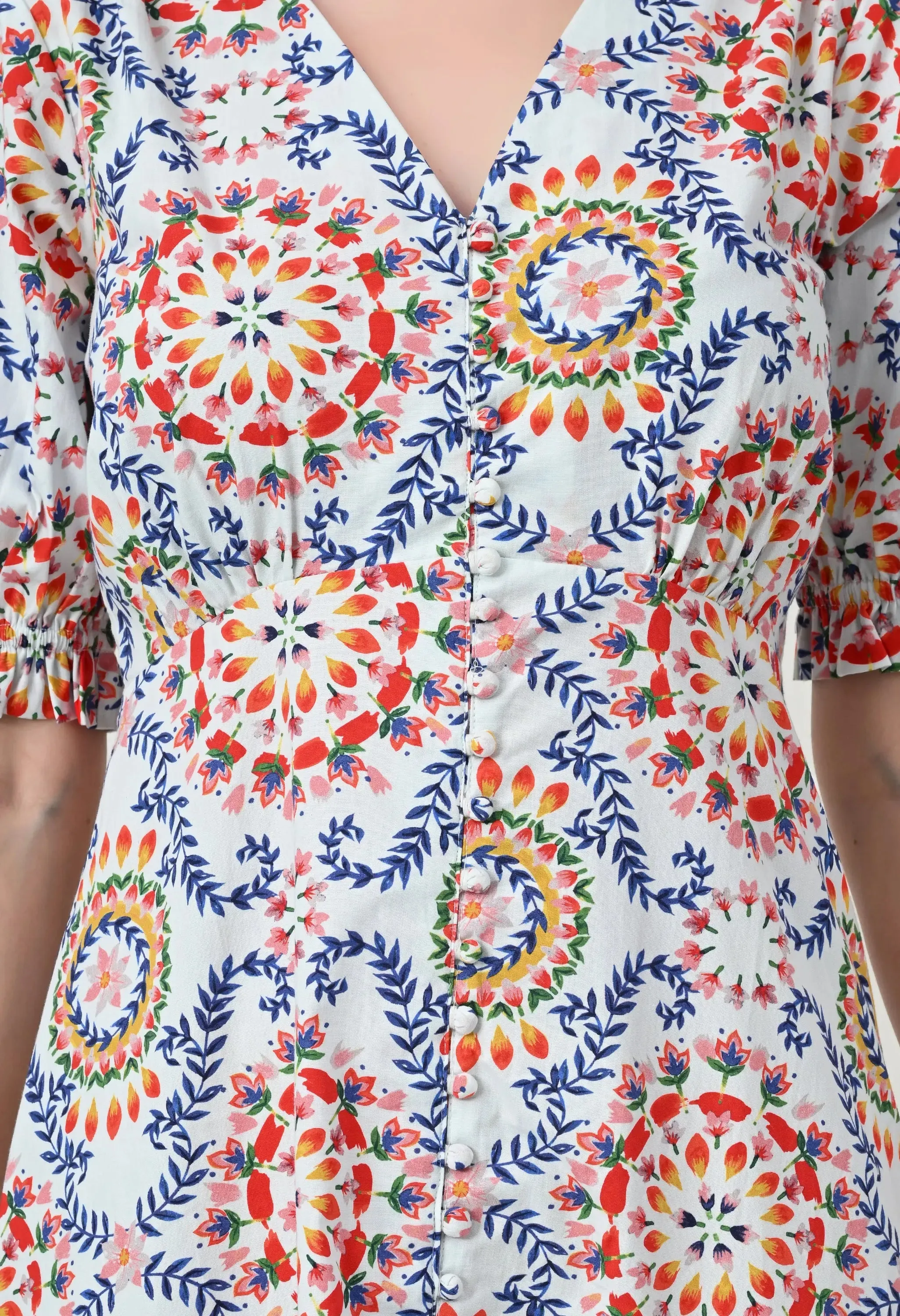 White Multicoloured Cotton Poplin Midi Dress