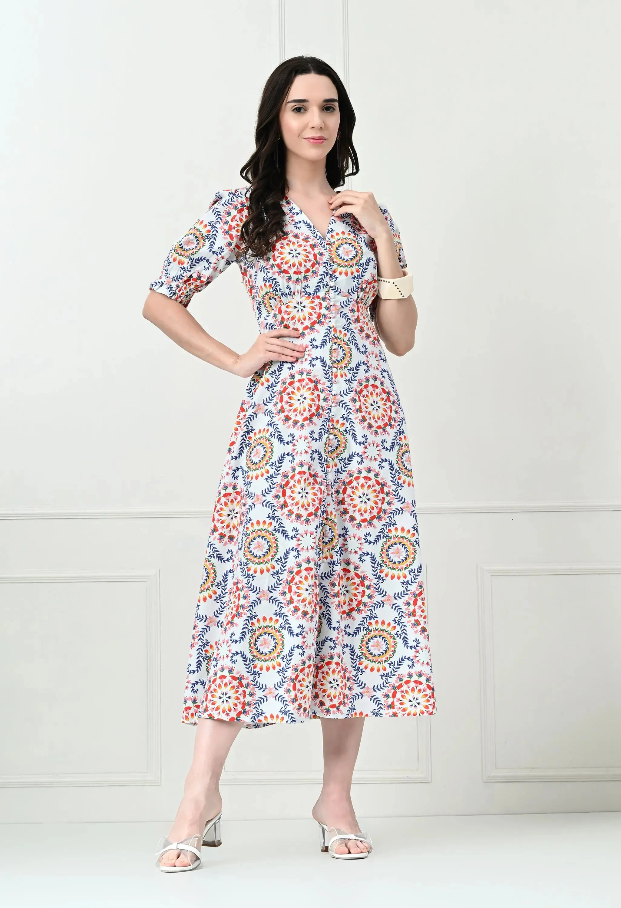White Multicoloured Cotton Poplin Midi Dress