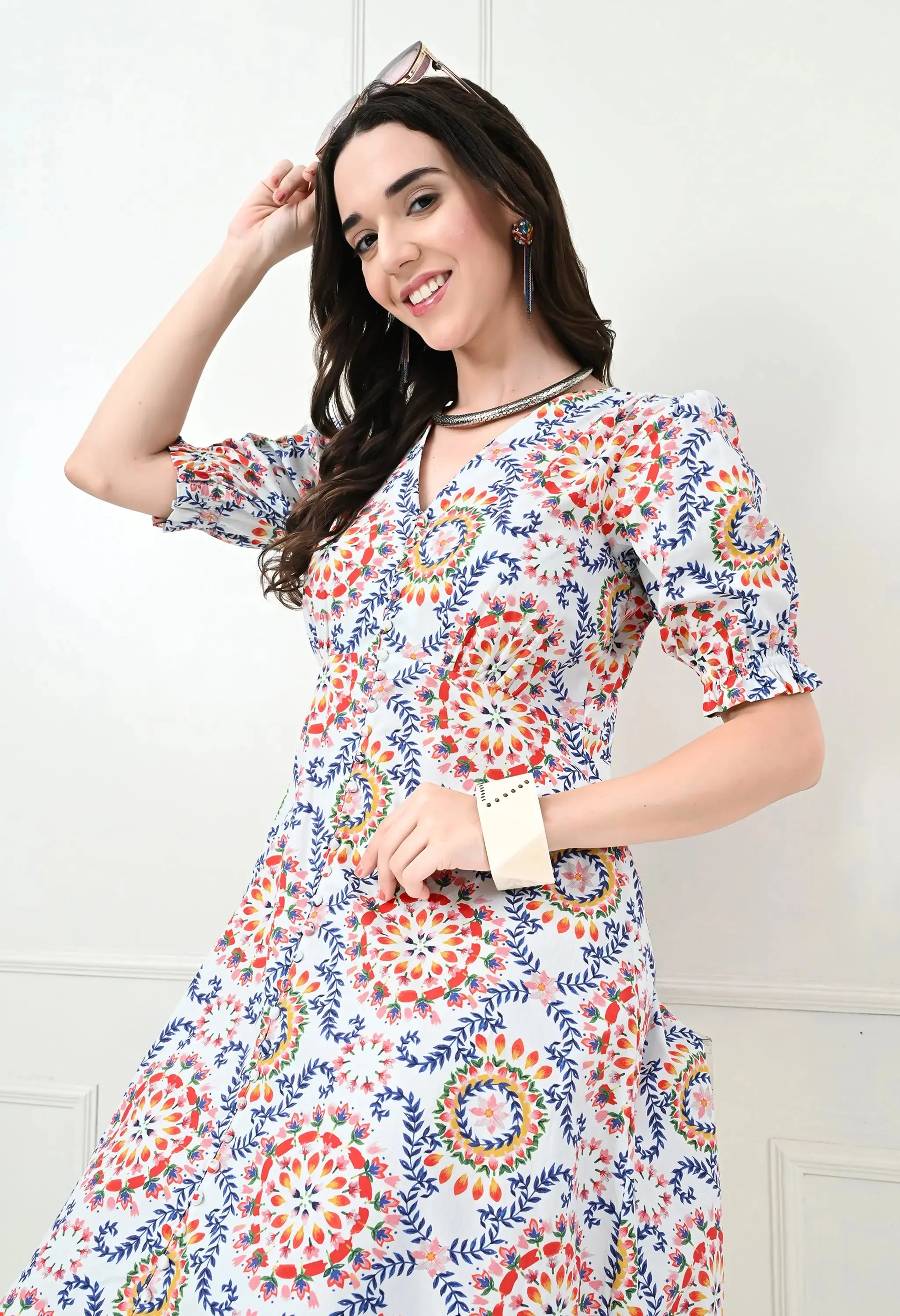 White Multicoloured Cotton Poplin Midi Dress