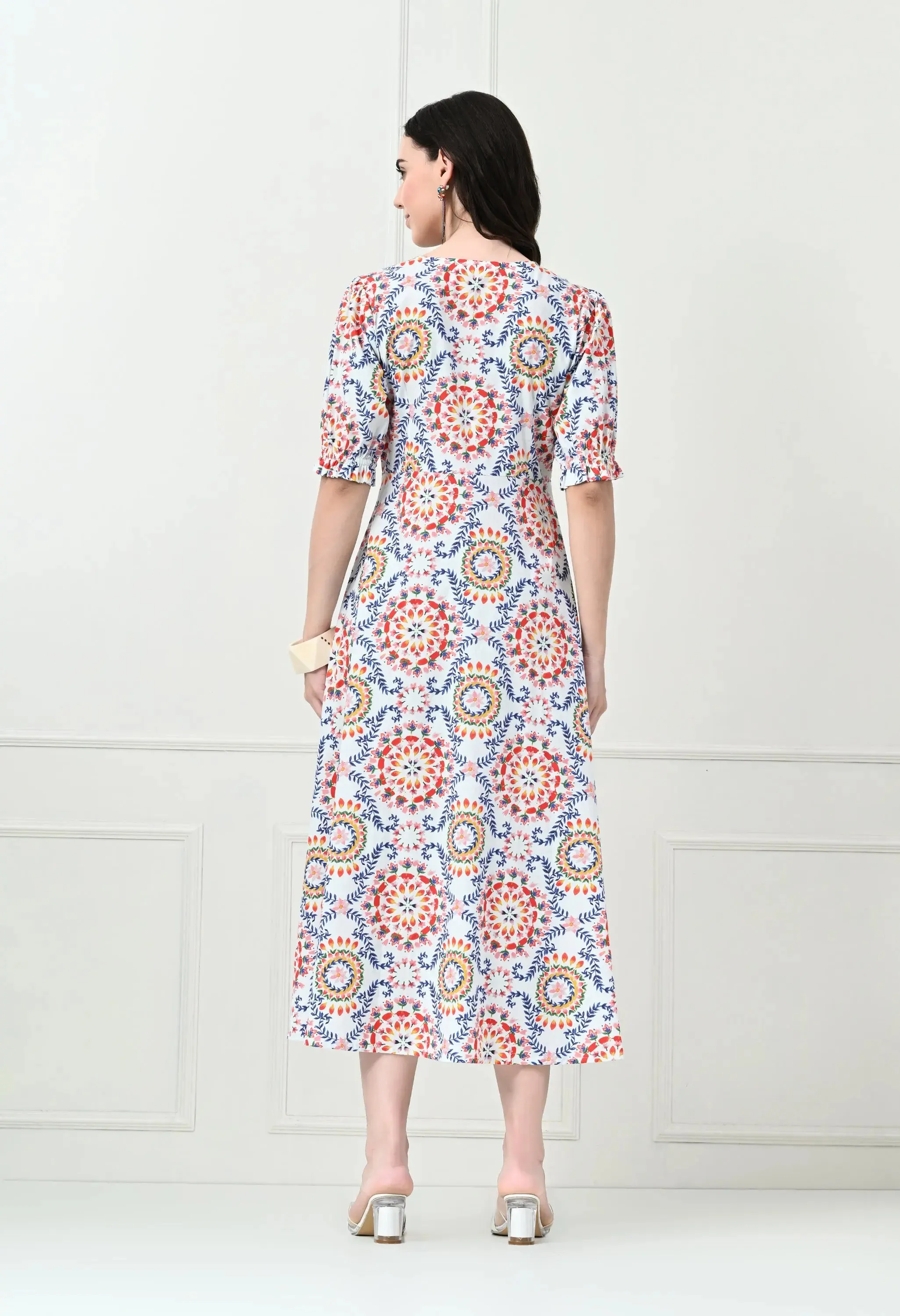 White Multicoloured Cotton Poplin Midi Dress