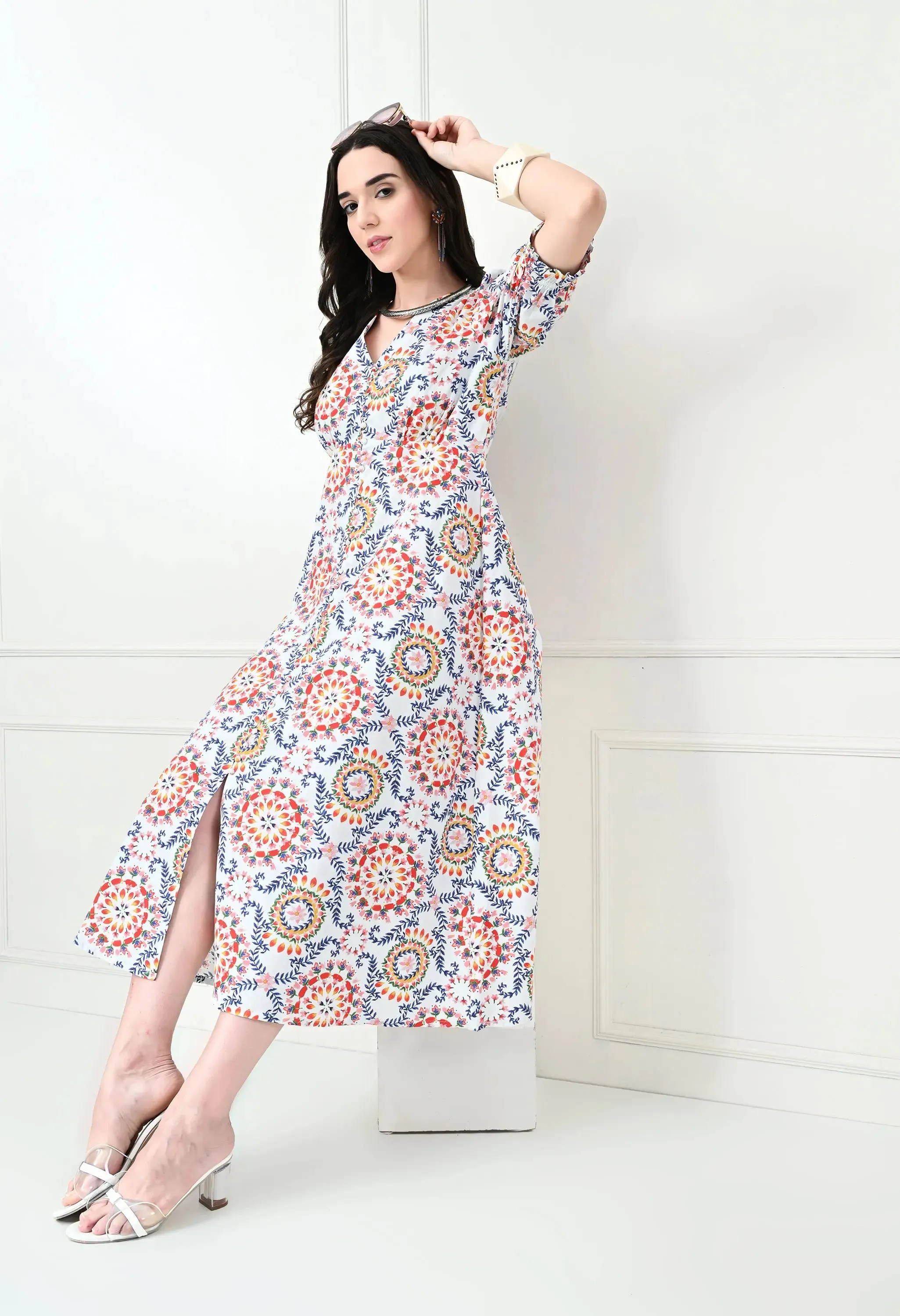 White Multicoloured Cotton Poplin Midi Dress
